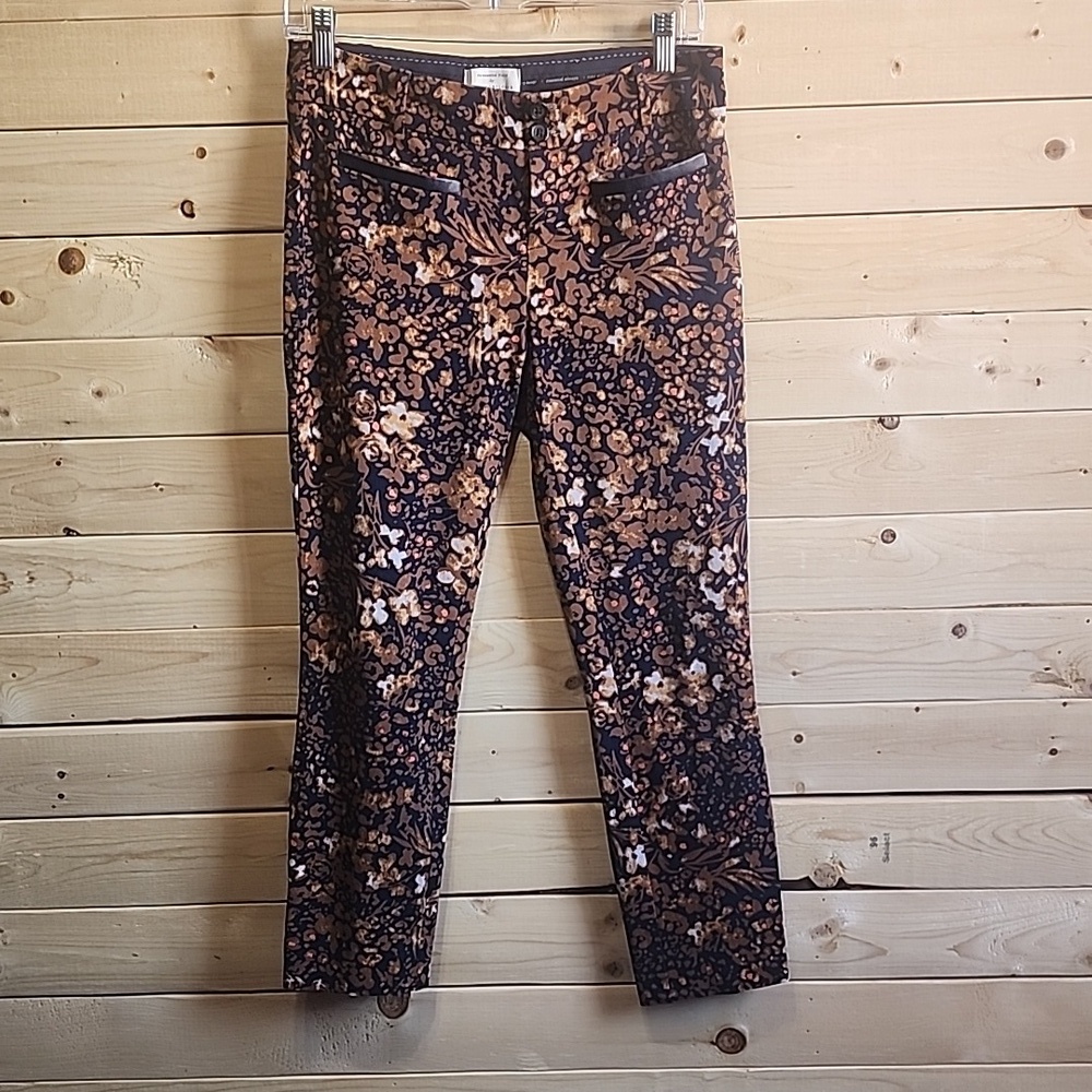 Anthropologie The Essential Slim Floral Pant Faux Leather Trim Pockets Size 2